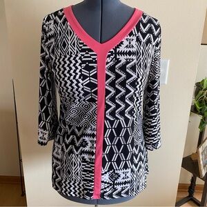 Susan Lawrence Women’s Black & White Geometric 3/4 Sleeve Stretch Top, Size L